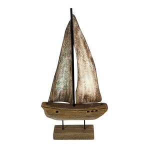 Weathered Wood Sailboat Sculpture 22 Inch Nautical Coastal Tabletop Decor
